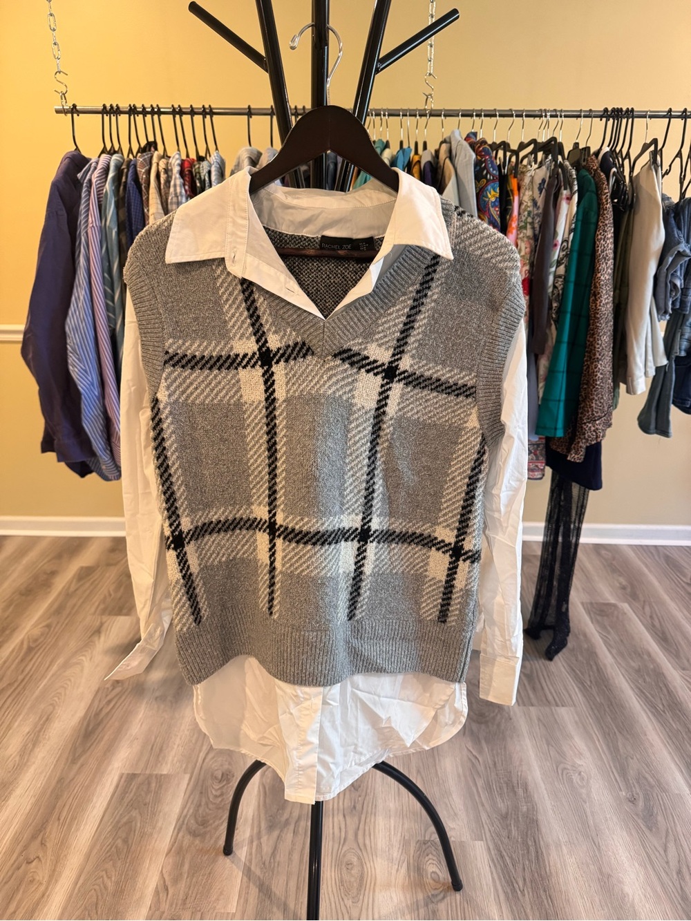 Rachel Zoe Grey Plaid V-Neck Sweater Vest